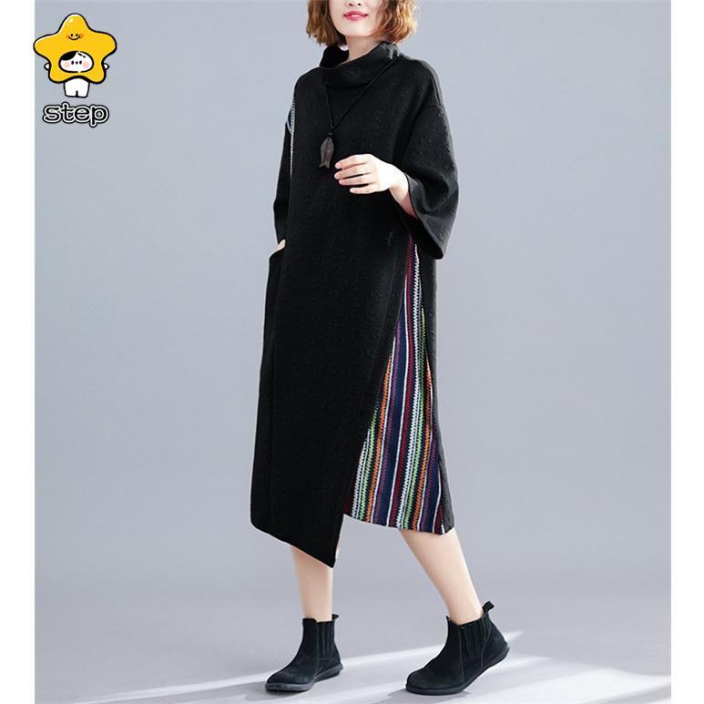 ワンピース レディース 40代 春 秋 冬 ロングワンピース 長袖 ミモレ丈 ハイネック 配色 体型カバー ゆったり カジュアル 通勤 オシャレ 着痩せ 30代 50代 | ブランド登録なし | 03