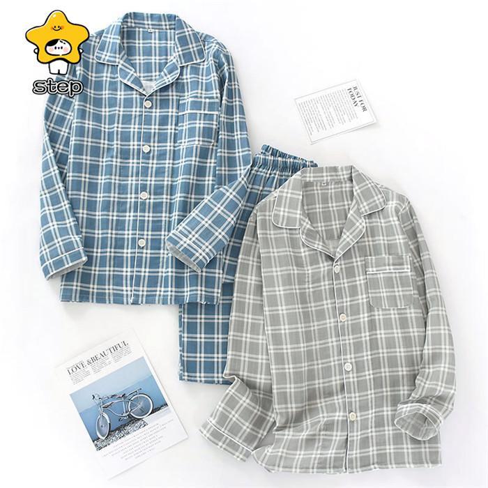 2重ガーゼ ルームウェア メンズ 寝間着 部屋着 前開き パジャマ 上下セット 2点セット コットン 長袖 秋 プレゼント テーラー襟 紳士 男性 主人 旦那 チェック | ブランド登録なし