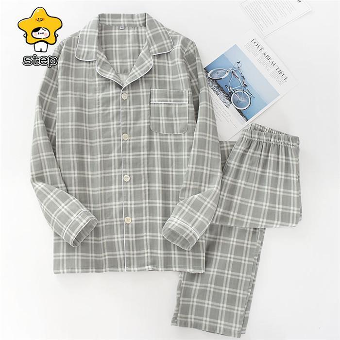 2重ガーゼ ルームウェア メンズ 寝間着 部屋着 前開き パジャマ 上下セット 2点セット コットン 長袖 秋 プレゼント テーラー襟 紳士 男性 主人 旦那 チェック | ブランド登録なし | 02