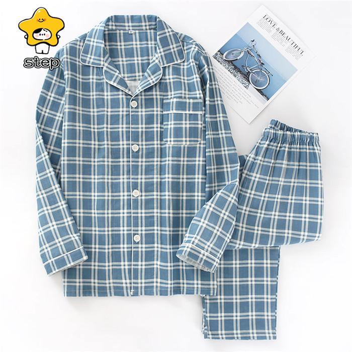 2重ガーゼ ルームウェア メンズ 寝間着 部屋着 前開き パジャマ 上下セット 2点セット コットン 長袖 秋 プレゼント テーラー襟 紳士 男性 主人 旦那 チェック | ブランド登録なし | 03