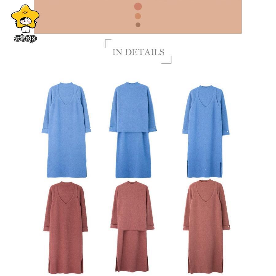 ニットワンピース キャミワンピ セットアップ ワンピース ロングワンピース セットアップ ロングニット 2点セット重ね着風 パールボタン レイヤード lyq1110 | ブランド登録なし | 12