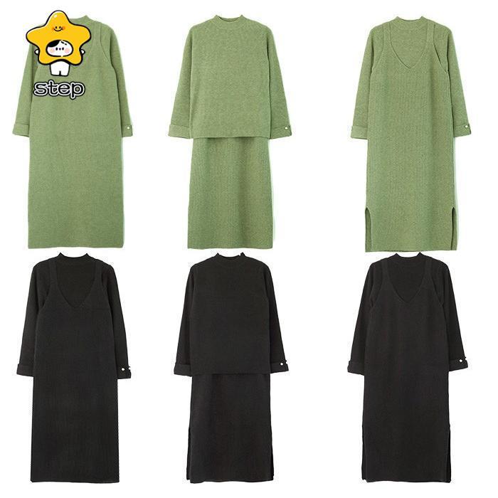 ニットワンピース キャミワンピ セットアップ ワンピース ロングワンピース セットアップ ロングニット 2点セット重ね着風 パールボタン レイヤード lyq1110 | ブランド登録なし | 13