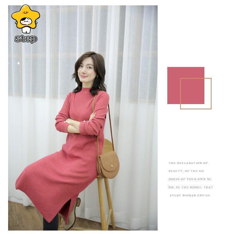 ニットワンピース キャミワンピ セットアップ ワンピース ロングワンピース セットアップ ロングニット 2点セット重ね着風 パールボタン レイヤード lyq1110 | ブランド登録なし | 06