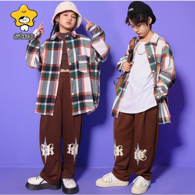 キッズ ダンス衣装 子供服 チェックシャツ 長袖 ミドル丈 ゆったり カジュアルシャツ 長ズボン サルエルパンツ 女の子 男の子ユニセックス jazz hiphop ストリー | ブランド登録なし