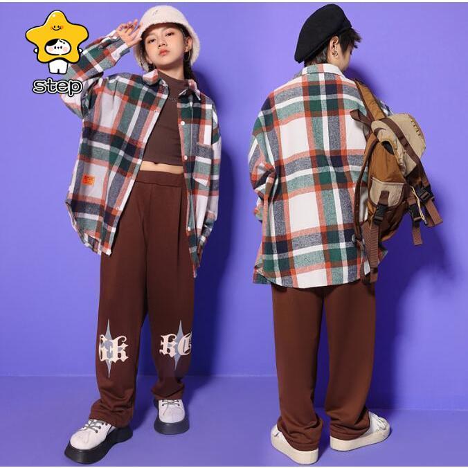 キッズ ダンス衣装 子供服 チェックシャツ 長袖 ミドル丈 ゆったり カジュアルシャツ 長ズボン サルエルパンツ 女の子 男の子ユニセックス jazz hiphop ストリー | ブランド登録なし | 02