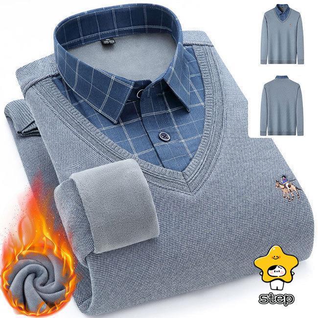 シャツ メンズ フェイクレイヤード ニットセーター ブラウス 秋冬 裏起毛 裏ボア Vネック チェック柄 綿混紡 トップス プルオーバー リブ 重ね着 | ブランド登録なし | 13