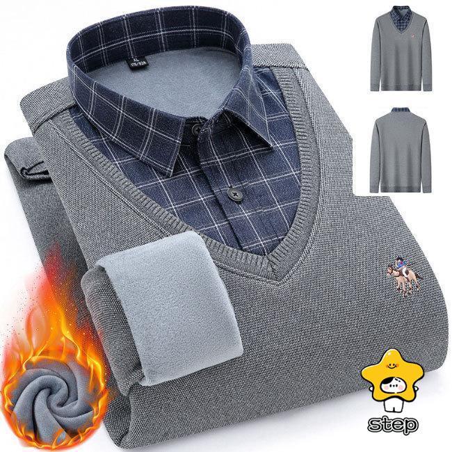 シャツ メンズ フェイクレイヤード ニットセーター ブラウス 秋冬 裏起毛 裏ボア Vネック チェック柄 綿混紡 トップス プルオーバー リブ 重ね着 | ブランド登録なし | 14