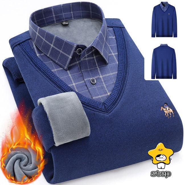 シャツ メンズ フェイクレイヤード ニットセーター ブラウス 秋冬 裏起毛 裏ボア Vネック チェック柄 綿混紡 トップス プルオーバー リブ 重ね着 | ブランド登録なし | 16