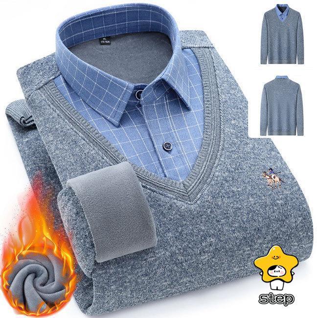 シャツ メンズ フェイクレイヤード ニットセーター ブラウス 秋冬 裏起毛 裏ボア Vネック チェック柄 綿混紡 トップス プルオーバー リブ 重ね着 | ブランド登録なし | 17