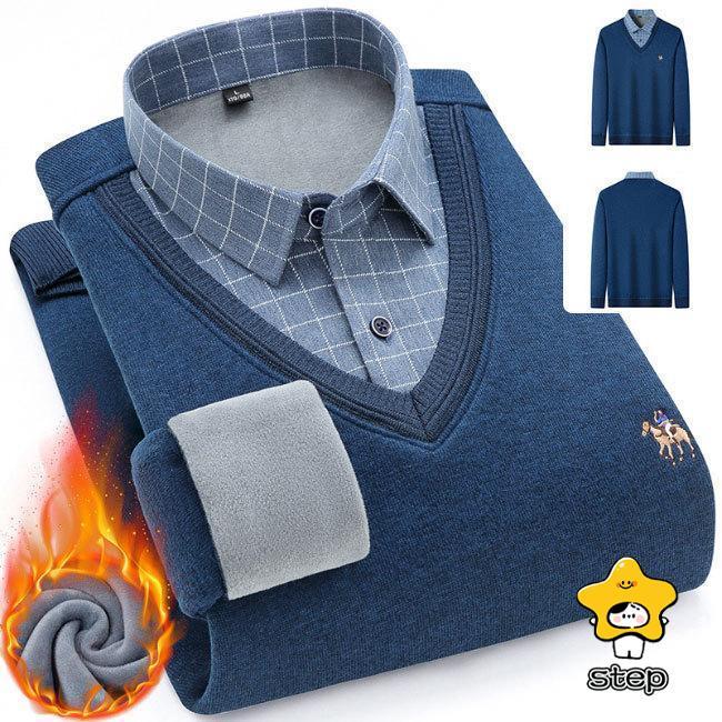 シャツ メンズ フェイクレイヤード ニットセーター ブラウス 秋冬 裏起毛 裏ボア Vネック チェック柄 綿混紡 トップス プルオーバー リブ 重ね着 | ブランド登録なし | 18