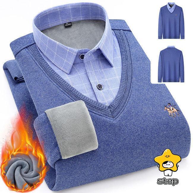 シャツ メンズ フェイクレイヤード ニットセーター ブラウス 秋冬 裏起毛 裏ボア Vネック チェック柄 綿混紡 トップス プルオーバー リブ 重ね着 | ブランド登録なし | 19