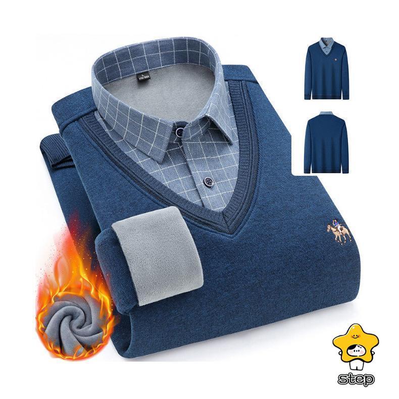 シャツ メンズ フェイクレイヤード ニットセーター ブラウス 秋冬 裏起毛 裏ボア Vネック チェック柄 綿混紡 トップス プルオーバー リブ 重ね着 | ブランド登録なし | 07