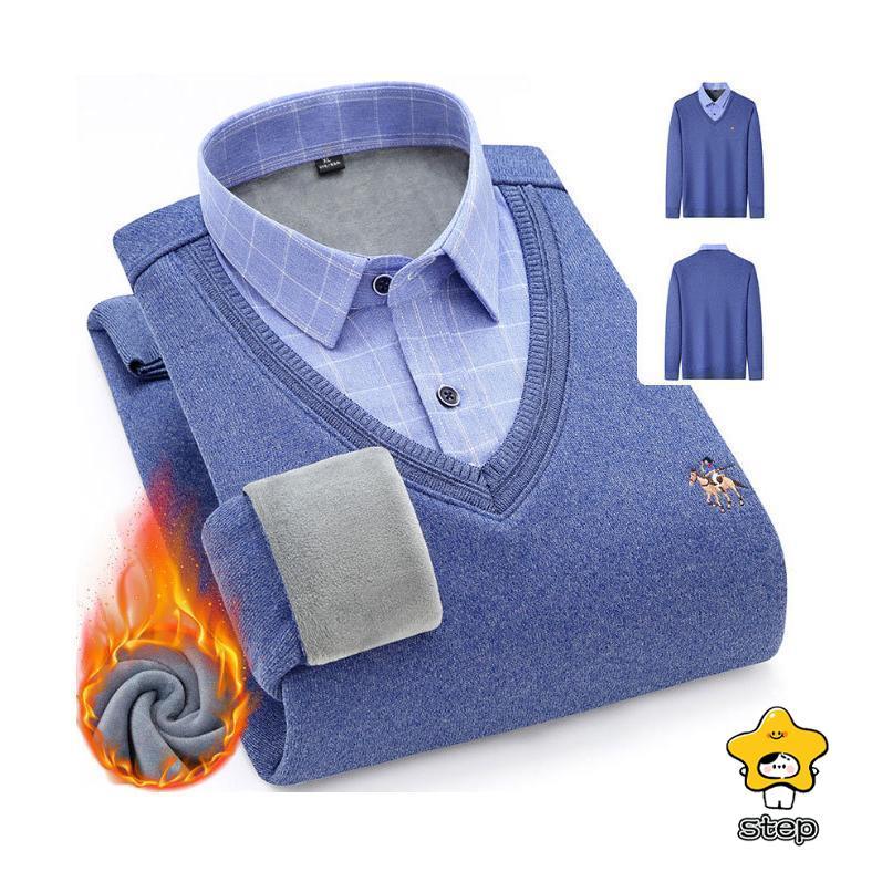 シャツ メンズ フェイクレイヤード ニットセーター ブラウス 秋冬 裏起毛 裏ボア Vネック チェック柄 綿混紡 トップス プルオーバー リブ 重ね着 | ブランド登録なし | 08