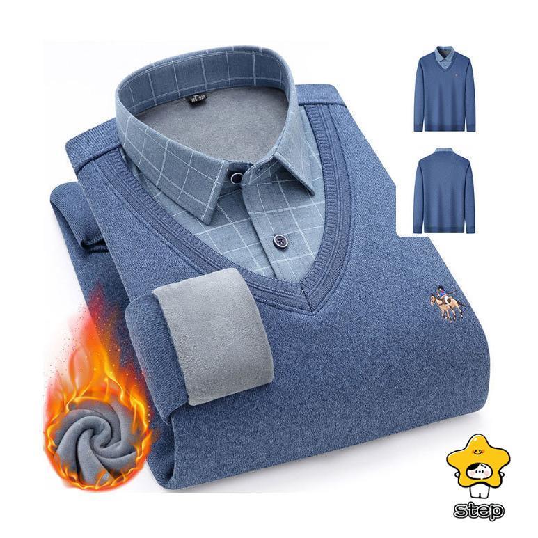 シャツ メンズ フェイクレイヤード ニットセーター ブラウス 秋冬 裏起毛 裏ボア Vネック チェック柄 綿混紡 トップス プルオーバー リブ 重ね着 | ブランド登録なし | 09