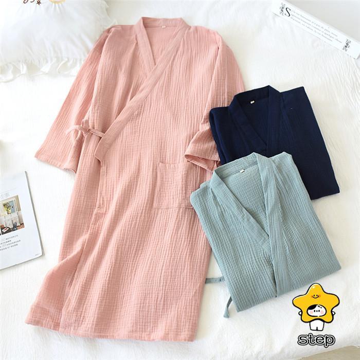 ガーゼ ガウン パジャマ ルームウェア レディース メンズ ペアパジャマ 長袖 部屋着 寝間着 大人 寝巻き 前開き カップル お揃い 綿 コットン 皺感 大きいサイズ | ブランド登録なし