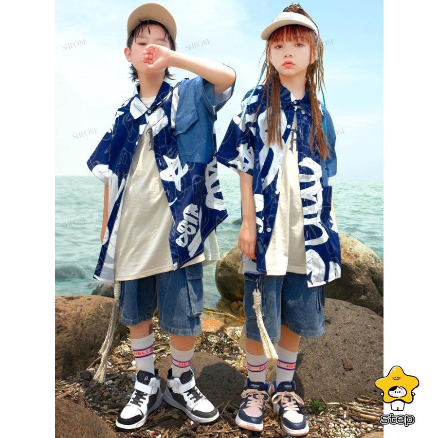 柄シャツ 総柄 キッズ ダンス衣装 セットアップ 男の子 女の子 かっこいい ゆったり おしゃれ 派手 カジュアルシャツ 青 白 ブルー 半袖シャツ トップス｜step1｜08