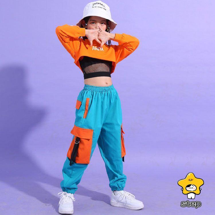 ダンス衣装 キッズ オレンジ ヒップホップ へそ出し トップス セットアップ 青パンツ 女の子 長袖 HIPHOP 子供 ジャズダンス 韓国 子供 ステージ衣装 団体服 ジ | ブランド登録なし | 01