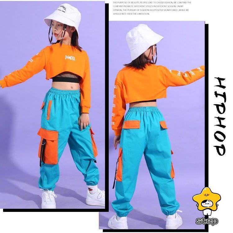 ダンス衣装 キッズ オレンジ ヒップホップ へそ出し トップス セットアップ 青パンツ 女の子 長袖 HIPHOP 子供 ジャズダンス 韓国 子供 ステージ衣装 団体服 ジ | ブランド登録なし | 02