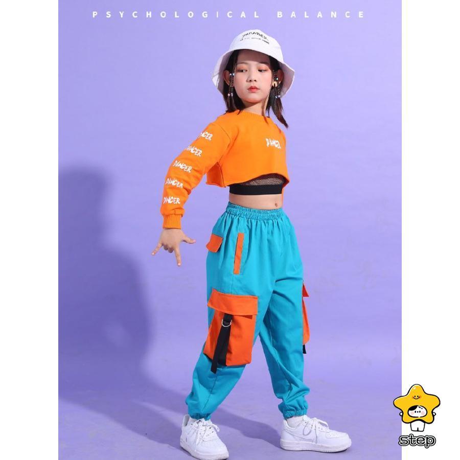 ダンス衣装 キッズ オレンジ ヒップホップ へそ出し トップス セットアップ 青パンツ 女の子 長袖 HIPHOP 子供 ジャズダンス 韓国 子供 ステージ衣装 団体服 ジ | ブランド登録なし | 03