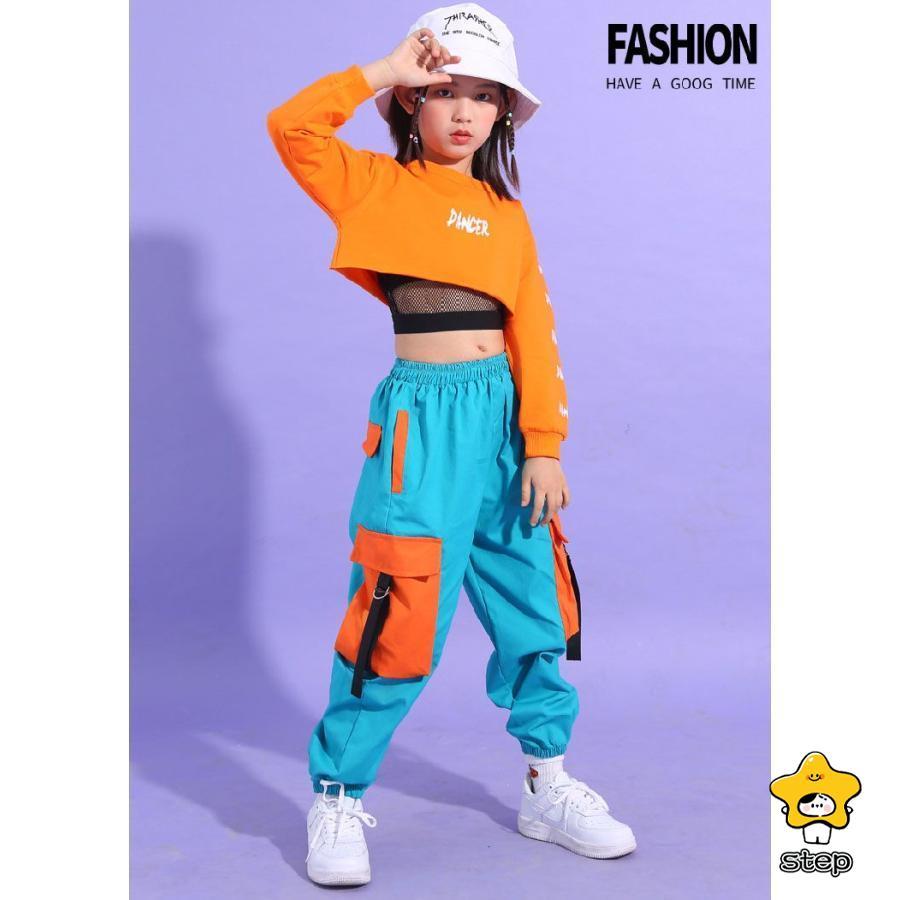 ダンス衣装 キッズ オレンジ ヒップホップ へそ出し トップス セットアップ 青パンツ 女の子 長袖 HIPHOP 子供 ジャズダンス 韓国 子供 ステージ衣装 団体服 ジ | ブランド登録なし | 04
