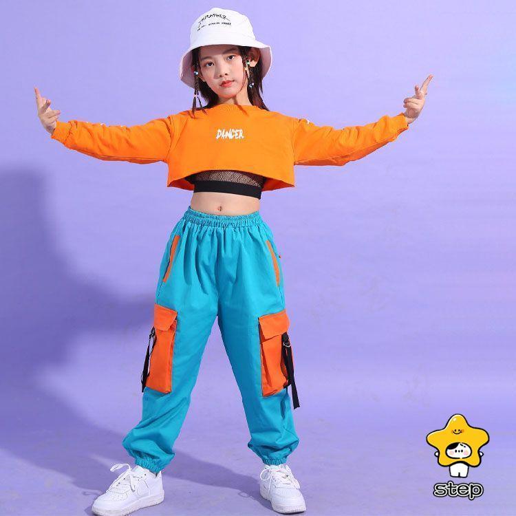 ダンス衣装 キッズ オレンジ ヒップホップ へそ出し トップス セットアップ 青パンツ 女の子 長袖 HIPHOP 子供 ジャズダンス 韓国 子供 ステージ衣装 団体服 ジ | ブランド登録なし | 05