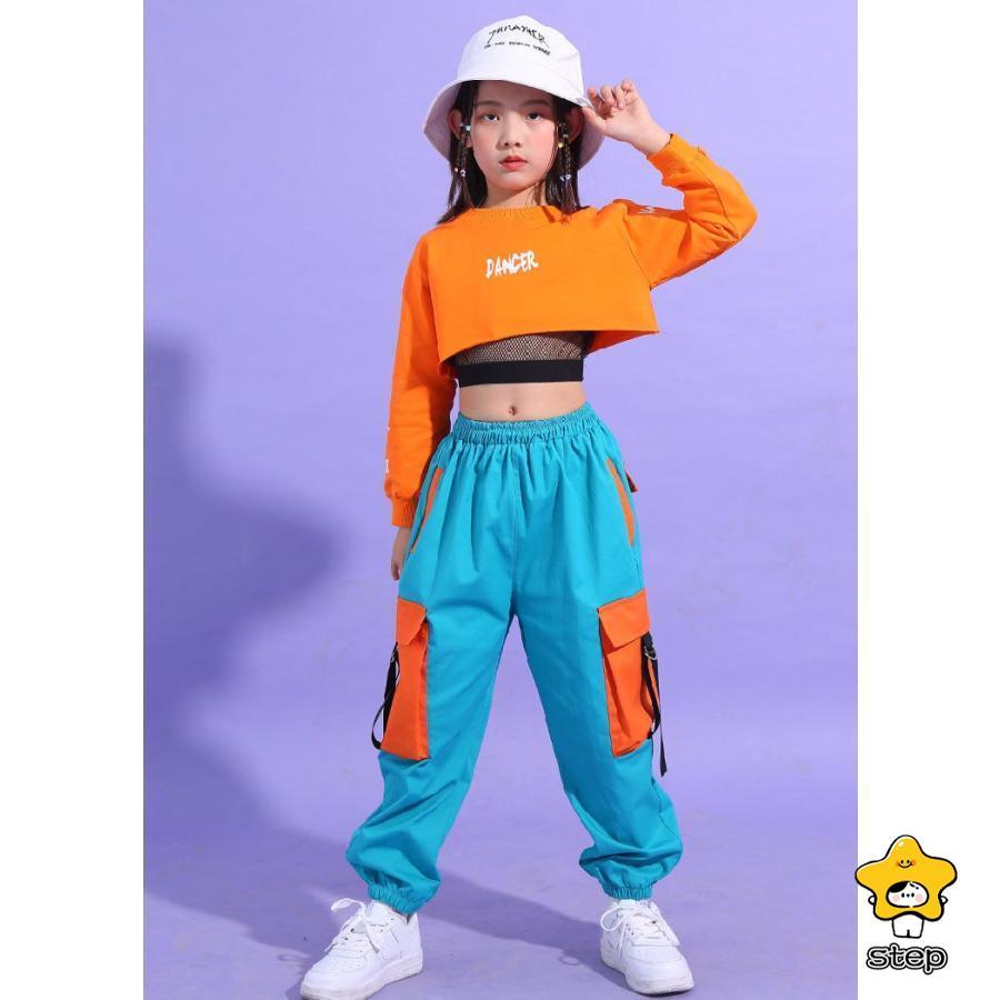 ダンス衣装 キッズ オレンジ ヒップホップ へそ出し トップス セットアップ 青パンツ 女の子 長袖 HIPHOP 子供 ジャズダンス 韓国 子供 ステージ衣装 団体服 ジ | ブランド登録なし | 06