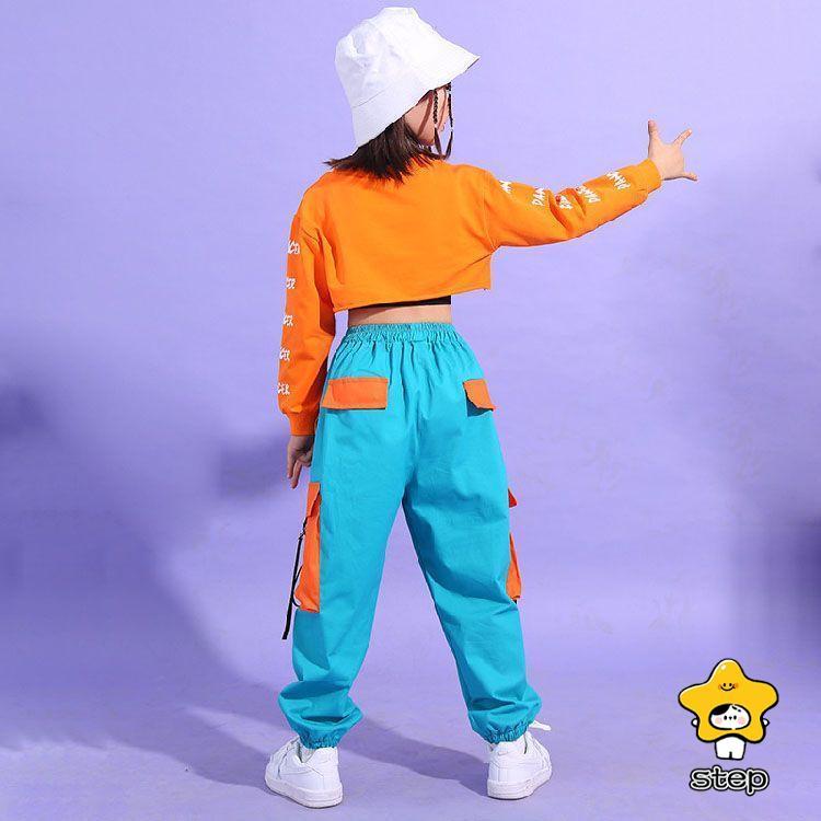 ダンス衣装 キッズ オレンジ ヒップホップ へそ出し トップス セットアップ 青パンツ 女の子 長袖 HIPHOP 子供 ジャズダンス 韓国 子供 ステージ衣装 団体服 ジ | ブランド登録なし | 07
