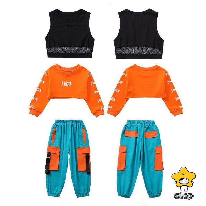 ダンス衣装 キッズ オレンジ ヒップホップ へそ出し トップス セットアップ 青パンツ 女の子 長袖 HIPHOP 子供 ジャズダンス 韓国 子供 ステージ衣装 団体服 ジ | ブランド登録なし | 08