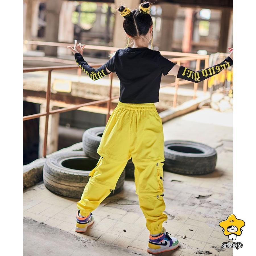 キッズ ダンス 衣装 カーゴパンツ へそ出し ヒップホップ 黒シャツ