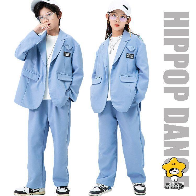 ダンス 衣装 キッズ ヒップホップ セットアップ ダンススーツ 長袖 青色スーツ ジャケット パンツ 長ズボン 上下セット 2点セット へそ出し ジャズダンス 衣装 | ブランド登録なし