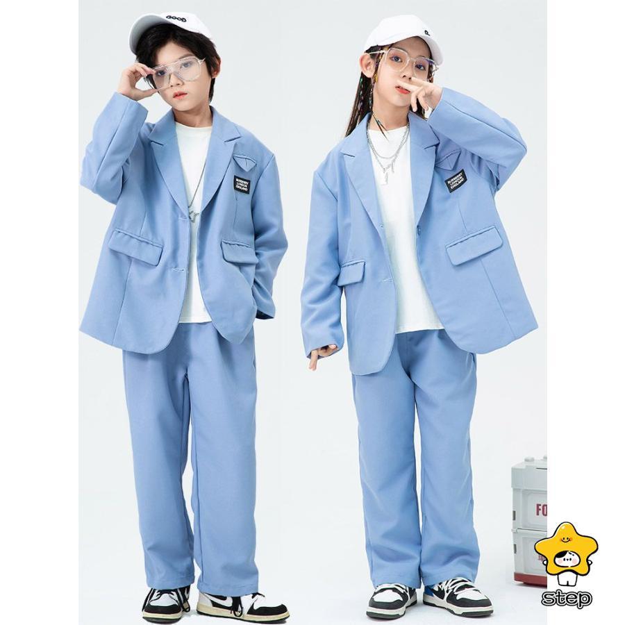 ダンス 衣装 キッズ ヒップホップ セットアップ ダンススーツ 長袖 青色スーツ ジャケット パンツ 長ズボン 上下セット 2点セット へそ出し ジャズダンス 衣装 | ブランド登録なし | 01