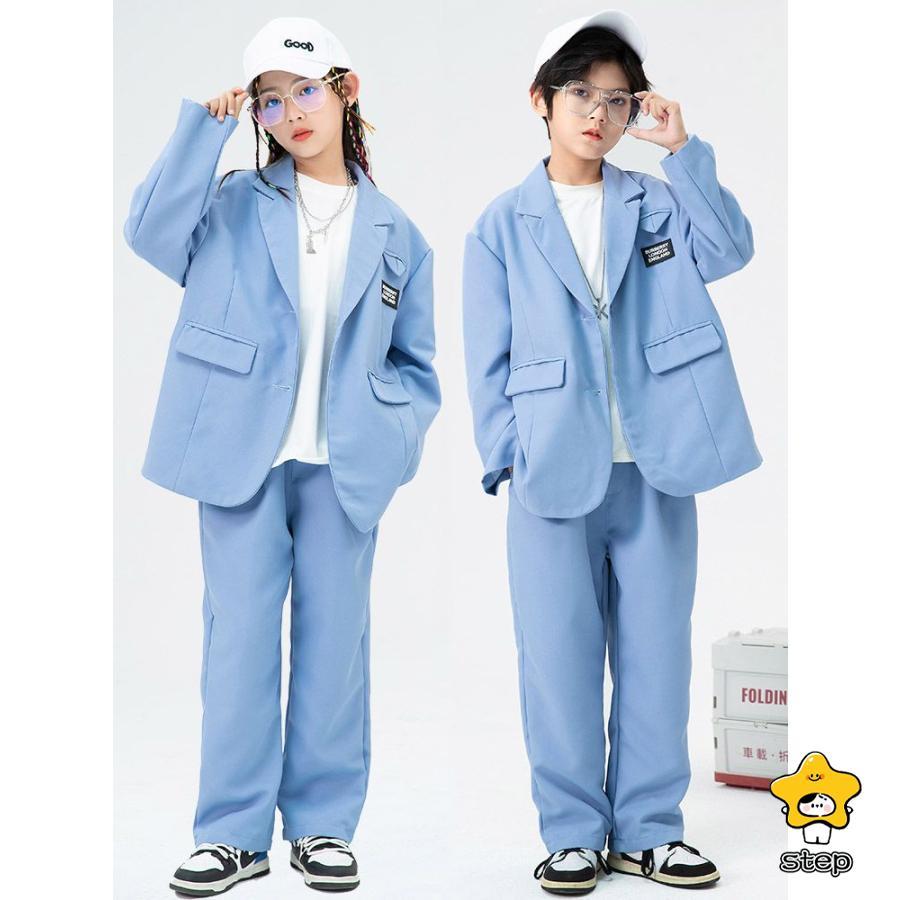 ダンス 衣装 キッズ ヒップホップ セットアップ ダンススーツ 長袖 青色スーツ ジャケット パンツ 長ズボン 上下セット 2点セット へそ出し ジャズダンス 衣装 | ブランド登録なし | 02