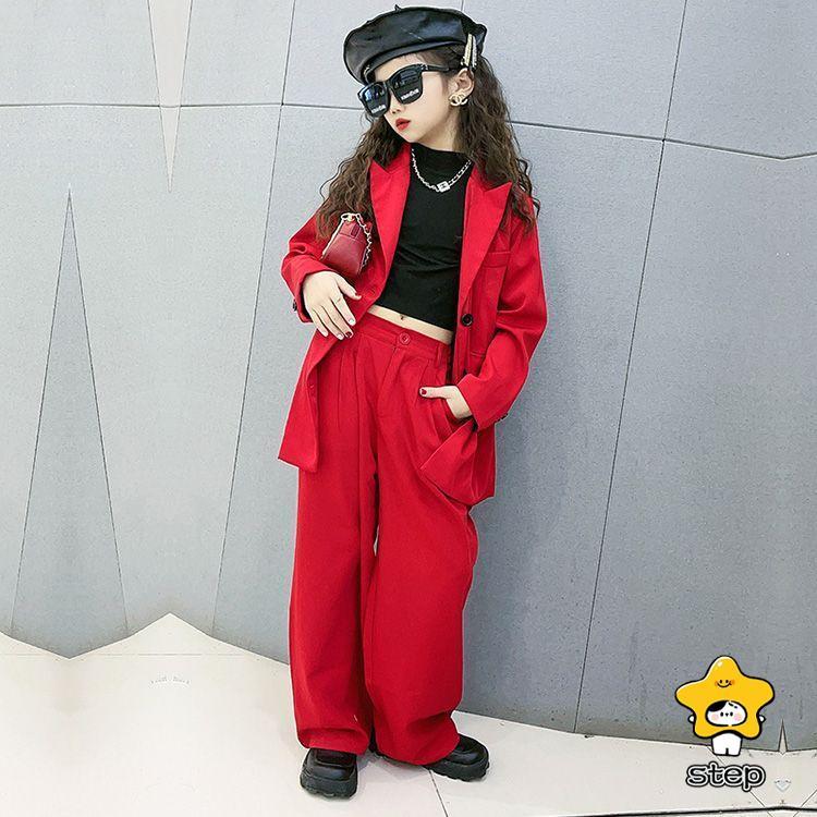キッズ ダンス 衣装 セットアップ ヒップホップ 赤 パンツスーツ ダンススーツ ブレザー 女の子 スーツ お祝い 長ズボン ダンス衣装 長袖 赤 かっこいい 韓国 子 | ブランド登録なし | 03