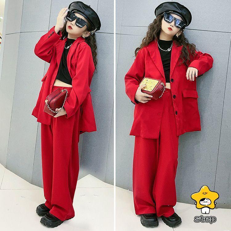 キッズ ダンス 衣装 セットアップ ヒップホップ 赤 パンツスーツ ダンススーツ ブレザー 女の子 スーツ お祝い 長ズボン ダンス衣装 長袖 赤 かっこいい 韓国 子 | ブランド登録なし | 06