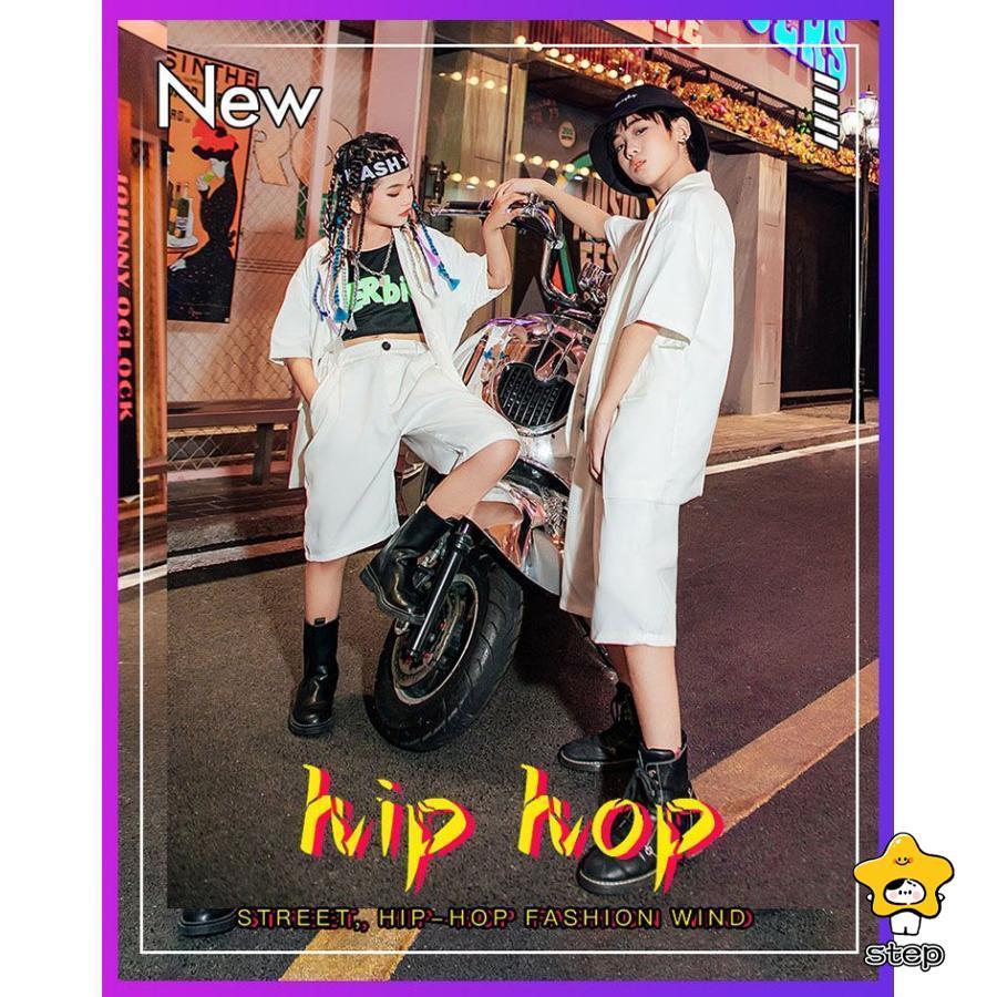 キッズ ダンス 衣装 セットアップ ヒップホップ へそ出し ジャケット ハーフパンツ ヒップホップ プレザー  グリーン 白 黒 緑 スーツ ジャズダンス 衣装 ユニセ | ブランド登録なし | 01