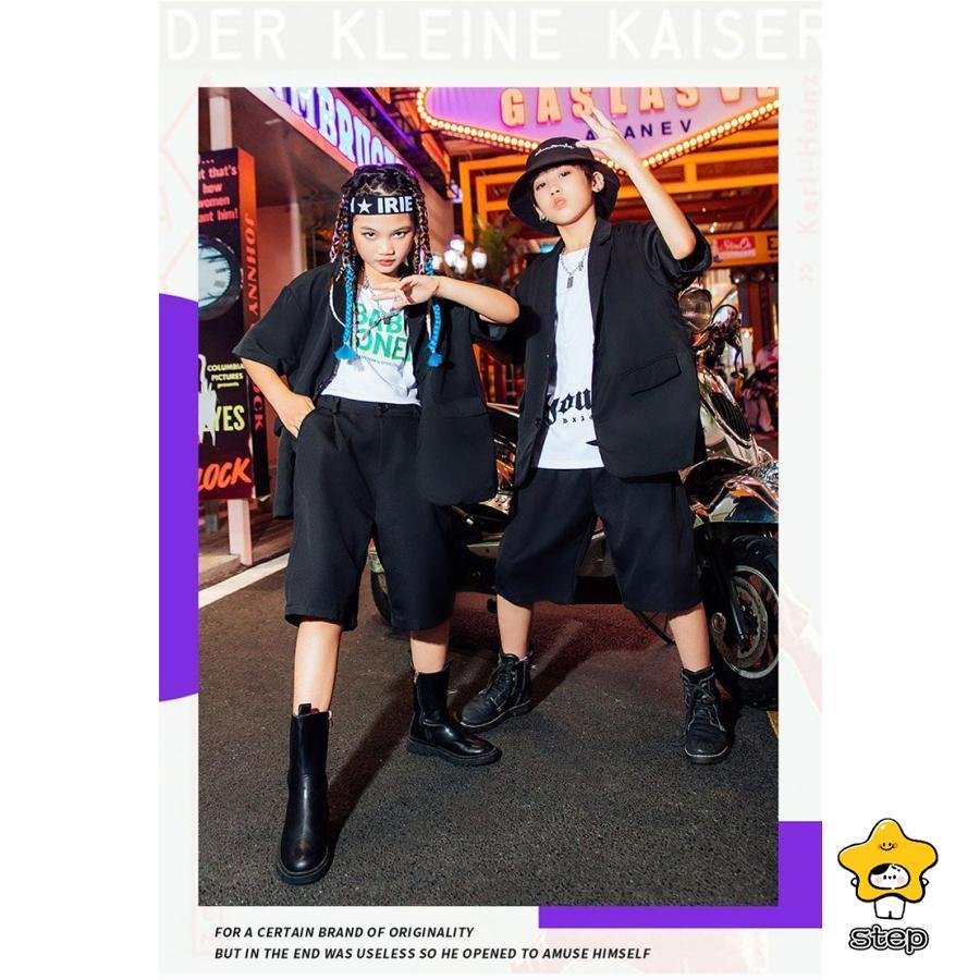 キッズ ダンス 衣装 セットアップ ヒップホップ へそ出し ジャケット ハーフパンツ ヒップホップ プレザー  グリーン 白 黒 緑 スーツ ジャズダンス 衣装 ユニセ | ブランド登録なし | 02