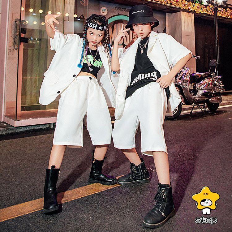 キッズ ダンス 衣装 セットアップ ヒップホップ へそ出し ジャケット ハーフパンツ ヒップホップ プレザー  グリーン 白 黒 緑 スーツ ジャズダンス 衣装 ユニセ | ブランド登録なし | 04