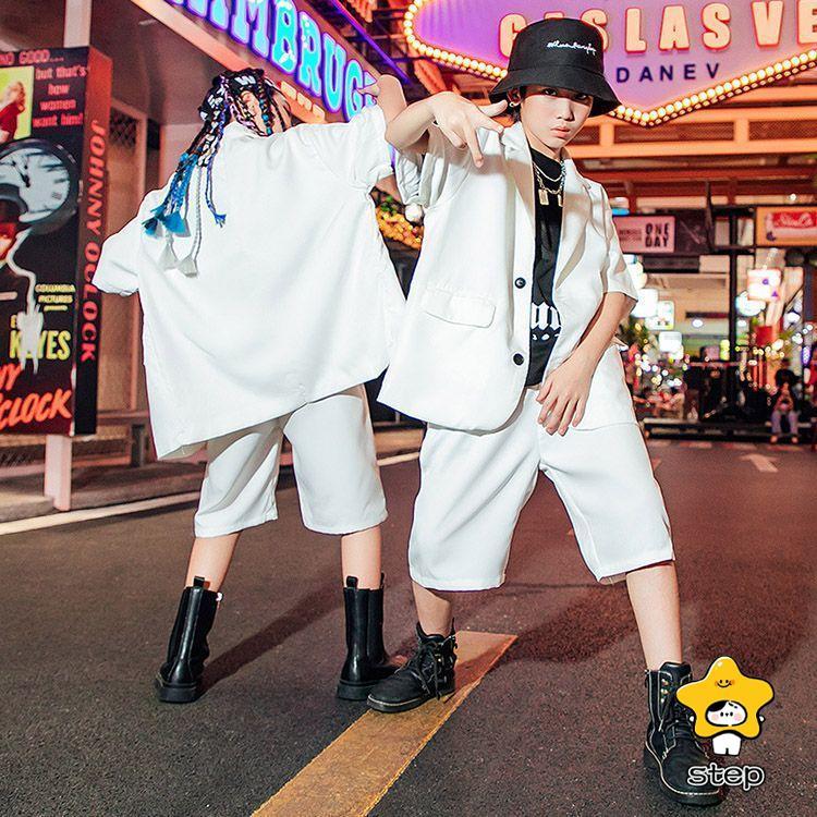 キッズ ダンス 衣装 セットアップ ヒップホップ へそ出し ジャケット ハーフパンツ ヒップホップ プレザー  グリーン 白 黒 緑 スーツ ジャズダンス 衣装 ユニセ | ブランド登録なし | 05