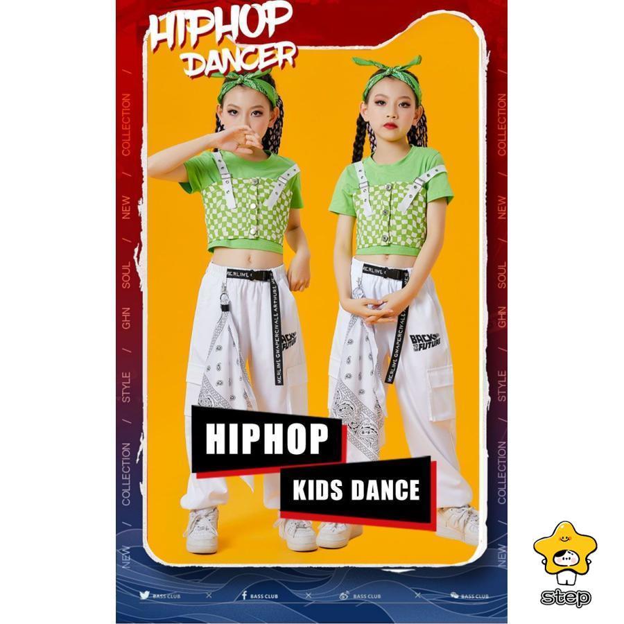 キッズ ダンス衣装 チェック柄 ベスト 白 パンツ へそ出し シャツ カーゴパンツ 半袖 k-pop ヒップホップ 女の子 トップス グリーン HIPHOP ジャズダンス 子供 | ブランド登録なし | 01