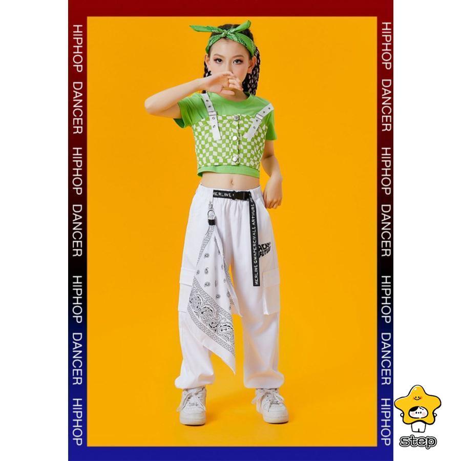 キッズ ダンス衣装 チェック柄 ベスト 白 パンツ へそ出し シャツ カーゴパンツ 半袖 k-pop ヒップホップ 女の子 トップス グリーン HIPHOP ジャズダンス 子供 | ブランド登録なし | 03