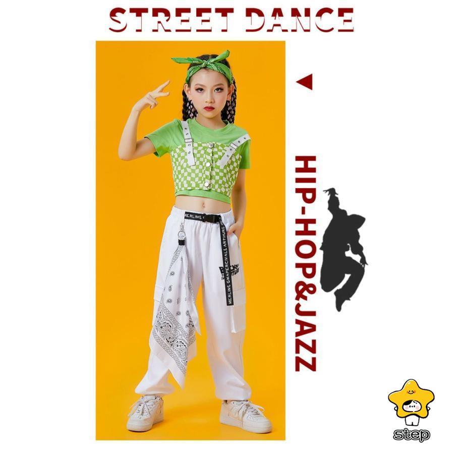 キッズ ダンス衣装 チェック柄 ベスト 白 パンツ へそ出し シャツ カーゴパンツ 半袖 k-pop ヒップホップ 女の子 トップス グリーン HIPHOP ジャズダンス 子供 | ブランド登録なし | 04