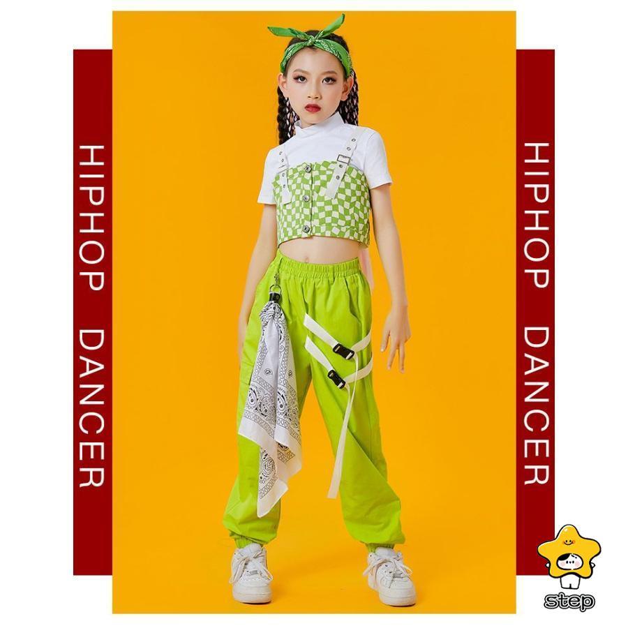 キッズ ダンス衣装 チェック柄 ベスト 白 パンツ へそ出し シャツ カーゴパンツ 半袖 k-pop ヒップホップ 女の子 トップス グリーン HIPHOP ジャズダンス 子供 | ブランド登録なし | 05