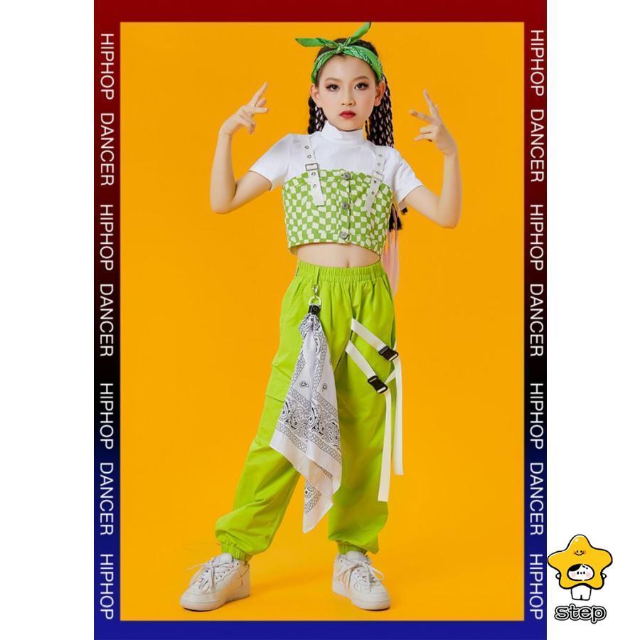 キッズ ダンス衣装 チェック柄 ベスト 白 パンツ へそ出し シャツ カーゴパンツ 半袖 k-pop ヒップホップ 女の子 トップス グリーン HIPHOP ジャズダンス 子供 | ブランド登録なし | 06