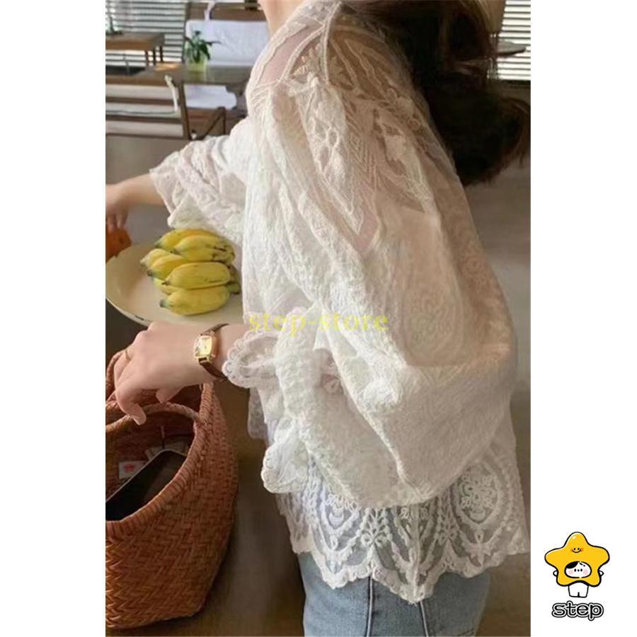 ブラウス 透かし編み 花柄 長袖 シャツブラウス レディース トップス プルオーバー tシャツ レース 通勤 OL 体型カバー 春夏 コーデ 重ね着 20代 30代 | ブランド登録なし | 01