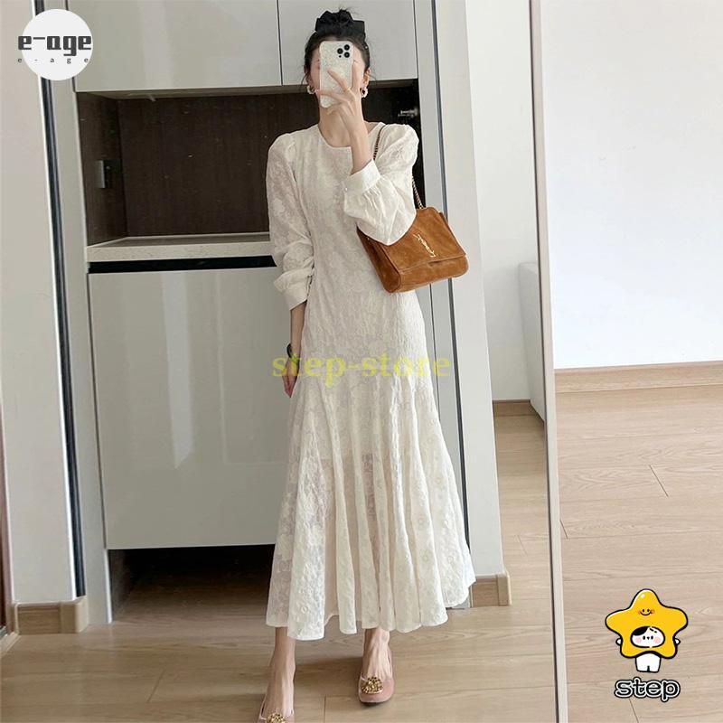 総レース ロング丈 ワンピース ドレス 膝下 春 夏 長袖 パルーンスリーブ きれいめ レディース ティアードワンピース フレア マキシ丈 細見え 体型カバー 通勤 | ブランド登録なし | 01