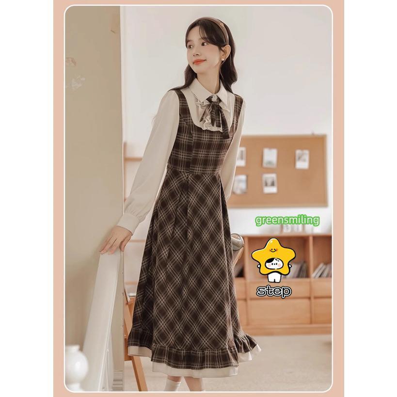 ワンピース チェック柄 レディース ロリータワンピース ミモレ丈 冬 学生風 Aライン ハイウエスト ロリィタファッション レトロ風 森ガール フリル リボン 長袖 ワンピース チェック柄 レディース ロリータワンピース ミモレ丈 冬