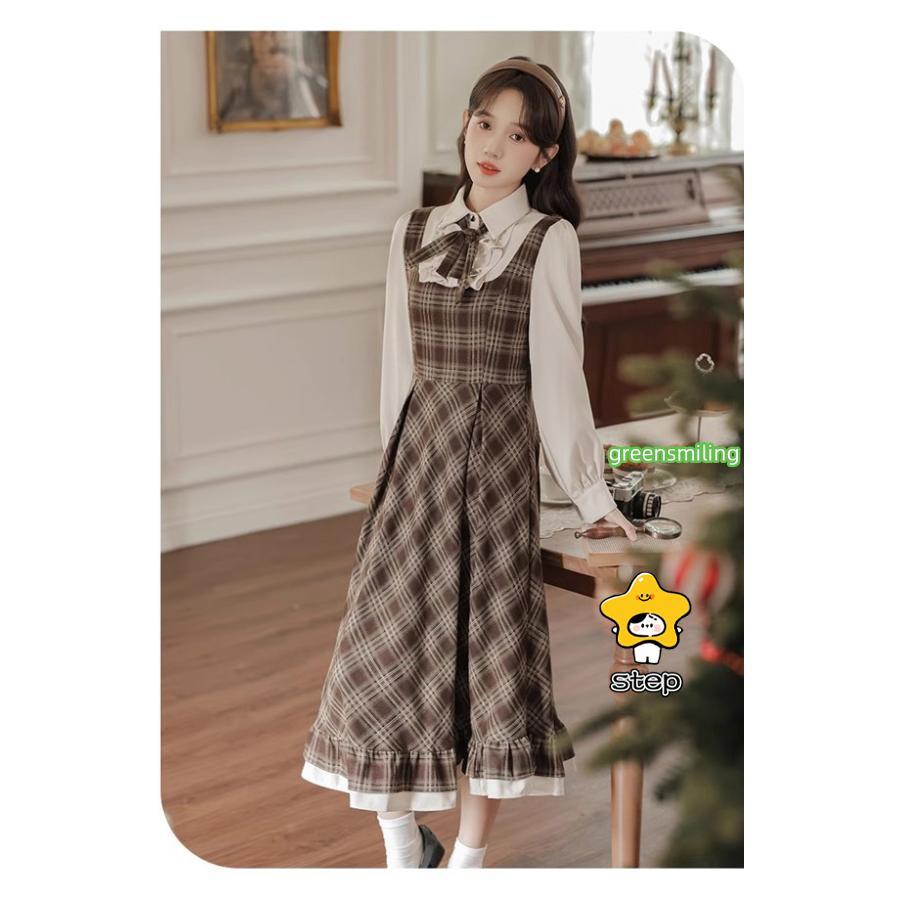 ワンピース チェック柄 レディース ロリータワンピース ミモレ丈 冬