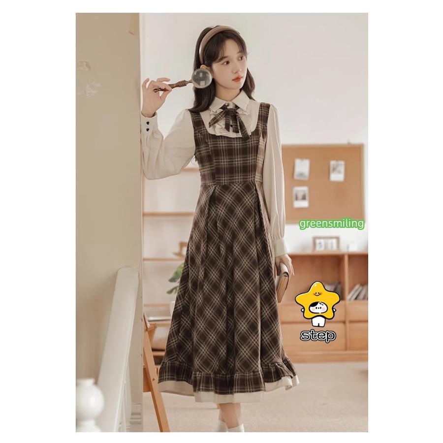 ワンピース チェック柄 レディース ロリータワンピース ミモレ丈 冬