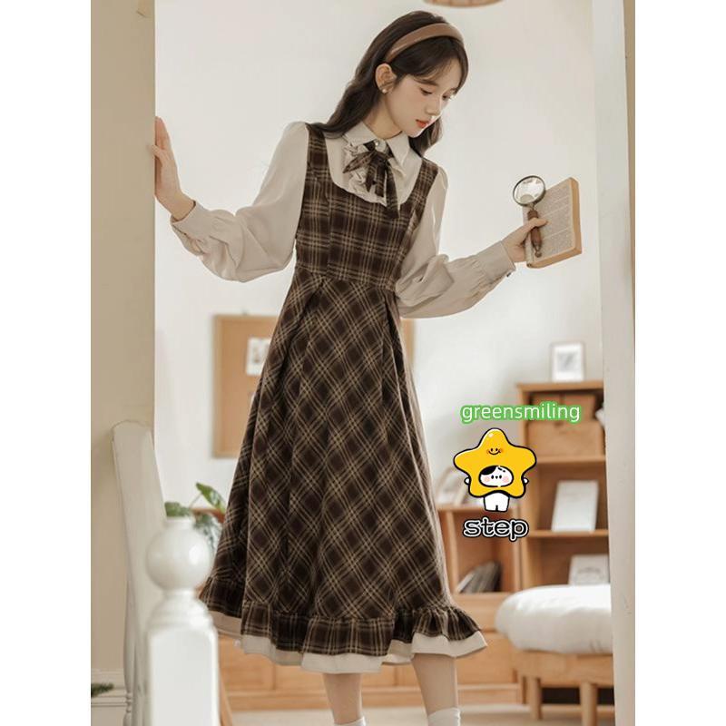 ワンピース チェック柄 レディース ロリータワンピース ミモレ丈 冬