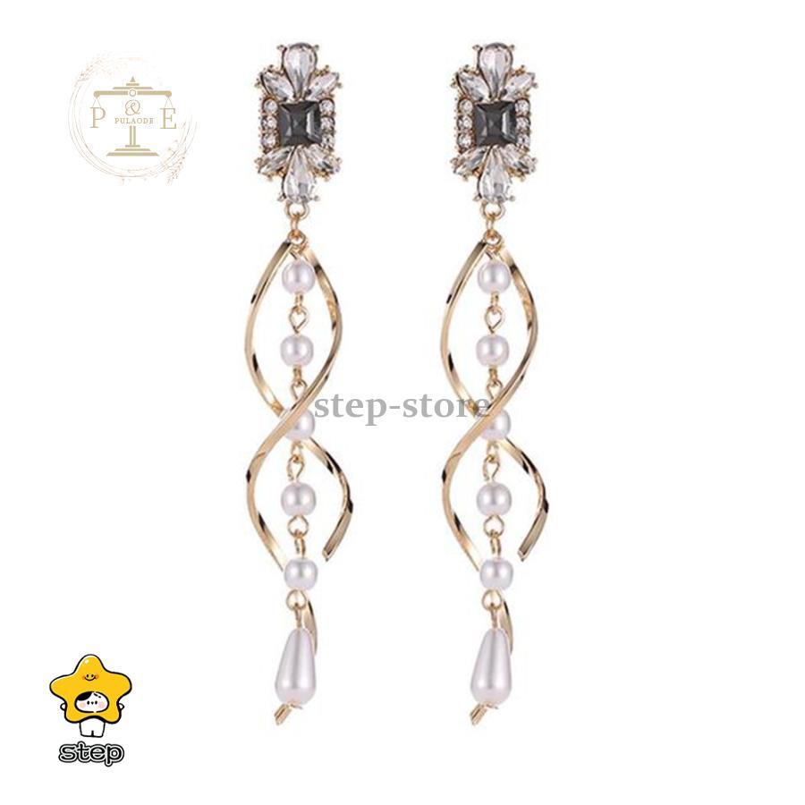 ロングピアス レディース パール ピアス ぶら下がり ビジュー チェーン 